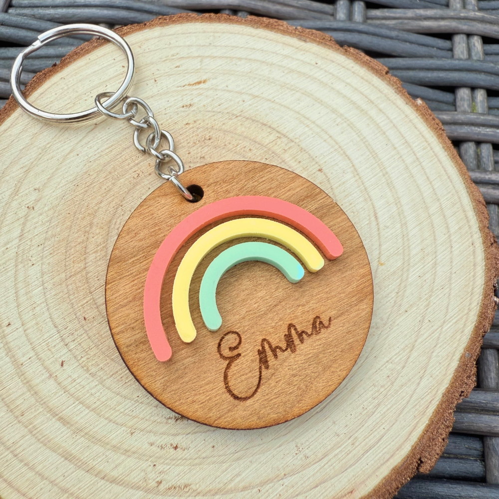 Personalised Wooden Rainbow Keyring – Custom Engrave Gift