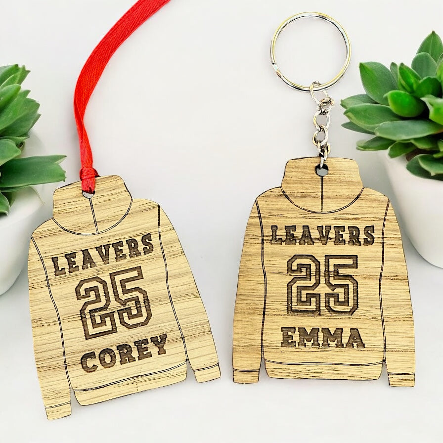 Personalised Leavers Hoodie Keyring or Ornament– Custom Wooden Gift