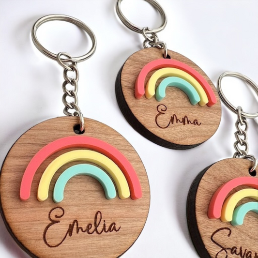 Personalised Wooden Rainbow Keyring – Custom Engrave Gift