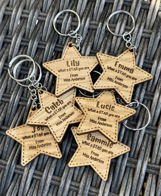 Class Gift Star Wooden Keyring - Custom Engraved