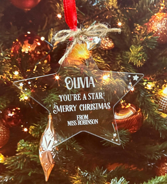 Teacher Pupil Christmas Gift - Personalised star Ornament